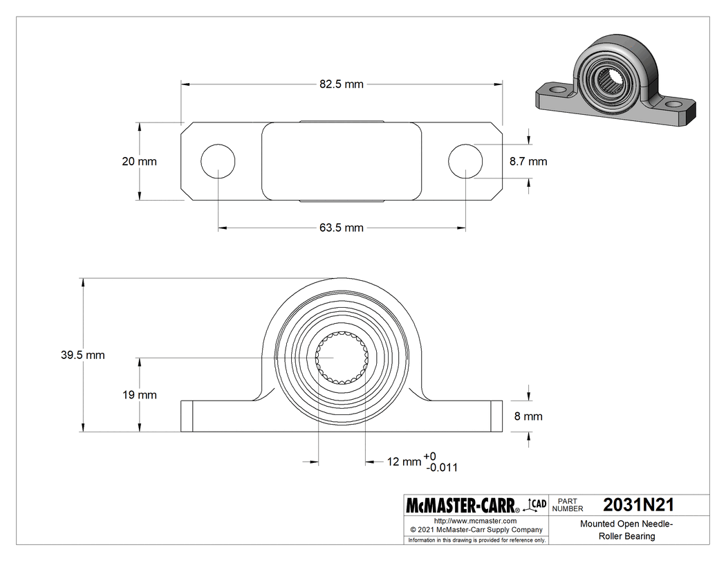 Technical Drawing of Mounted Open Needle-Roller Bearing, for 12 mm Shaft Diameter.